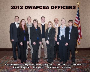 New officers inducted in January are (l-r) Casey Weinstein, vice president of programs; Adrianna Templeton, secretary; Master Sgt. Daren Zimmer, USAF, vice president of enlisted affairs; Andrea Kunk, treasurer; Bill Grill, vice president of networking; Brenda Colton, vice president of information; Dan Curtis, president; Ann Hurley, executive vice president; and Aaron Miller, chapter operations.